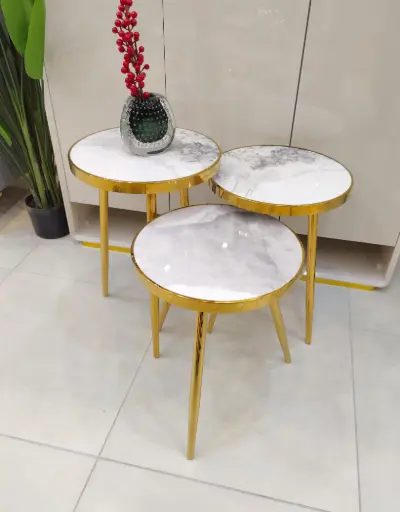 [J963] Set of 3 serving steel tables with Ceramic surface